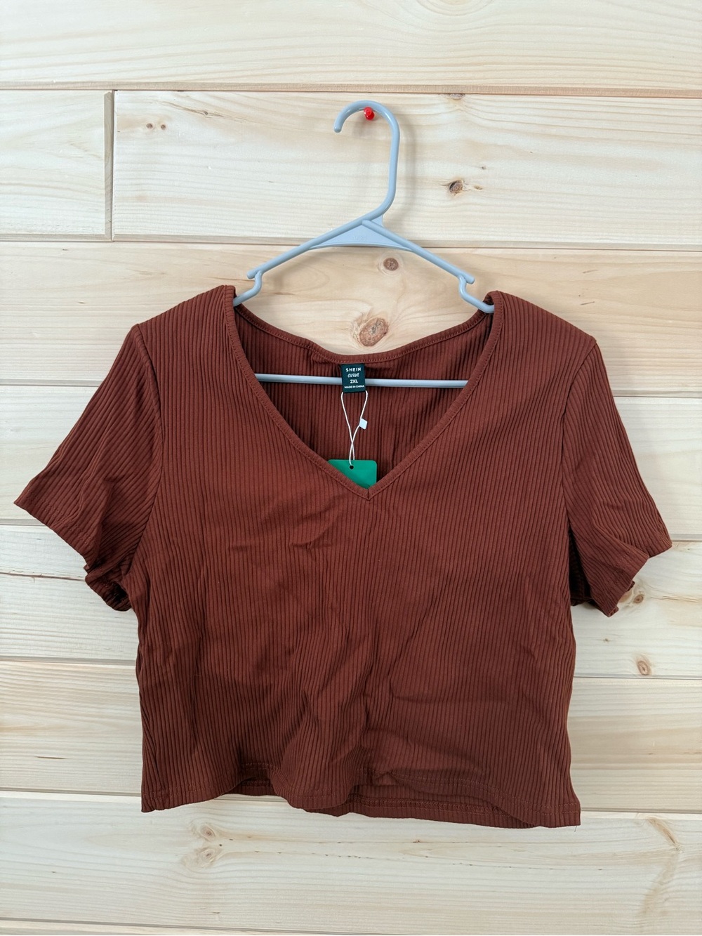 SHEIN Ribbed V-Neck Cropped Top - Rust Brown